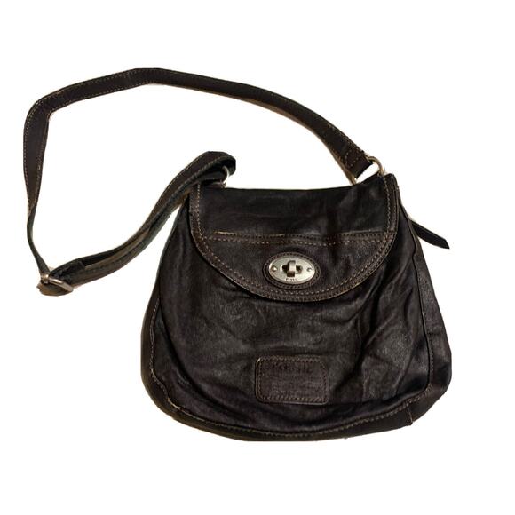 Vtg FOSSIL Small Flap Over Purse Adjustable Strap Brown Leather Crossbody Bag - Picture 1 of 9
